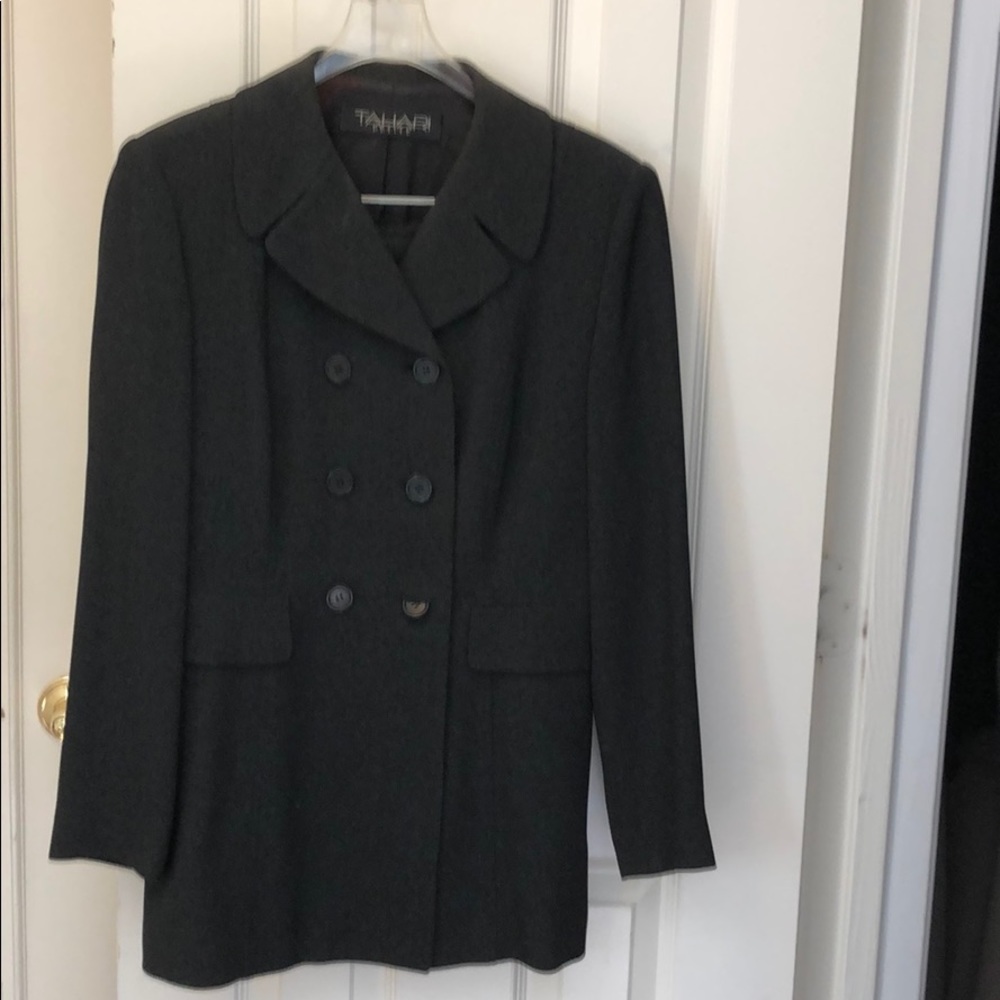 Tahari skirt suit.  Dark gray. Pettit size 6.
